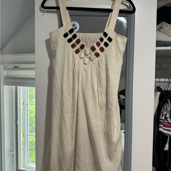 Silk Cream Sleeveless Dress with Beaded Detail - Picture 1 of 4